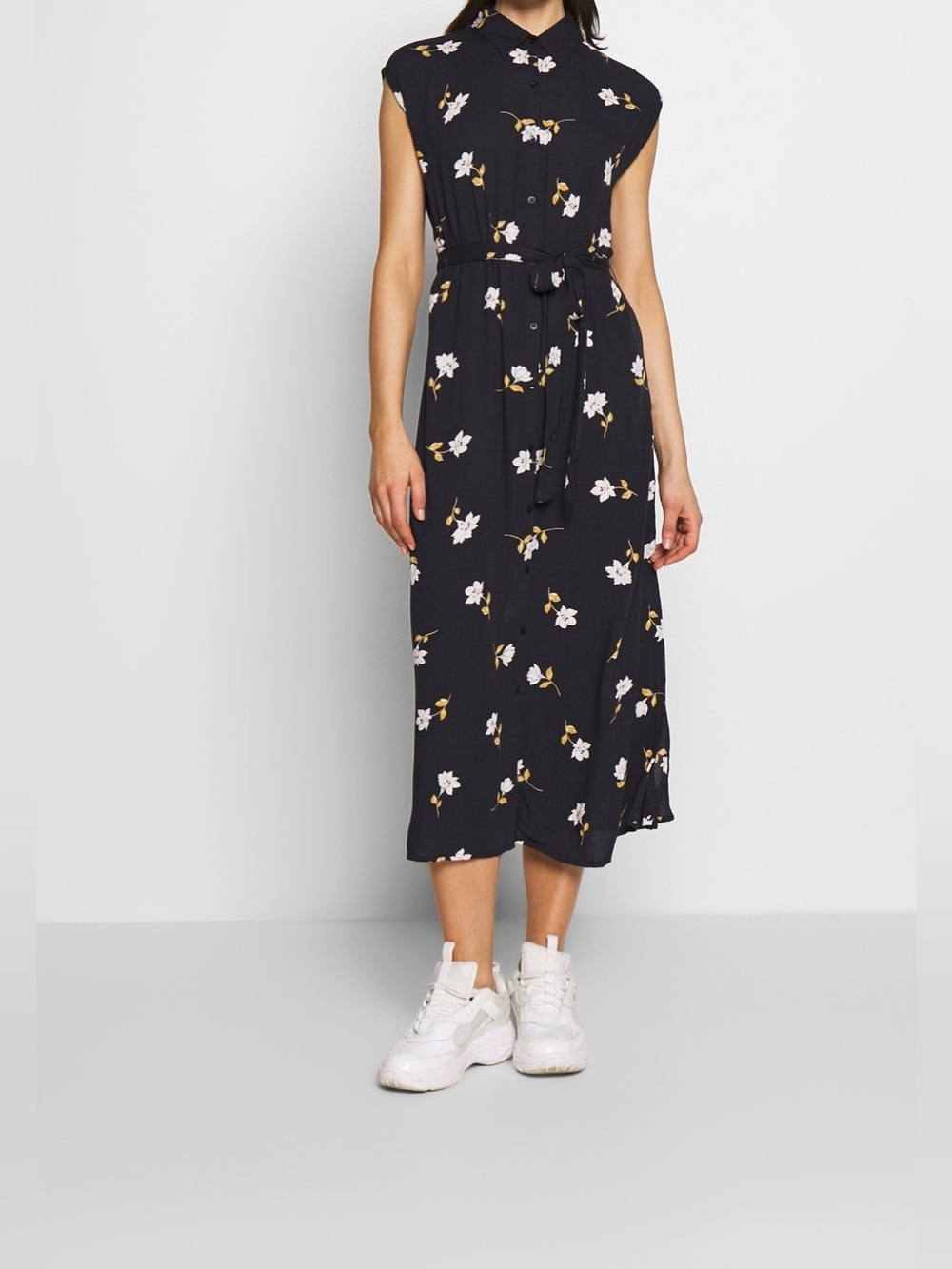 Billabong Black Floral Midi Dress with White Blossoms
